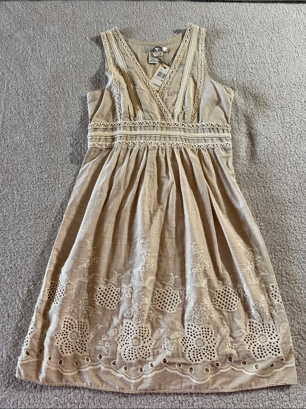 Studio M Clarissa Beige Embroidered Cotton Midi Dress 10 New
